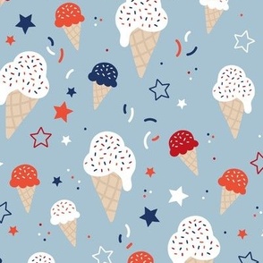 4th of July American celebration with ice-cream summer snacks stars and confetti white blue red on moody blue