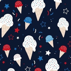 4th of July American celebration with ice-cream summer snacks stars and confetti white blue red on navy blue night