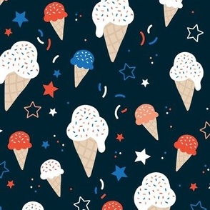 4th of July American celebration with ice-cream summer snacks stars and confetti white blue vintage red on navy blue night 