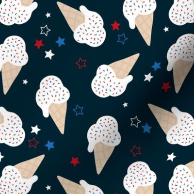 Ice-cream summer sugar snacks sprinkles and stars 4th of July American celebration party USA confetti for kids white red blue on navy blue night 