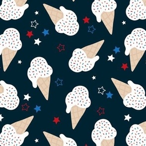 Ice-cream summer sugar snacks sprinkles and stars 4th of July American celebration party USA confetti for kids white red blue on navy blue night 