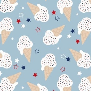 Ice-cream summer sugar snacks sprinkles and stars 4th of July American celebration party USA confetti for kids white red blue on moody blue 