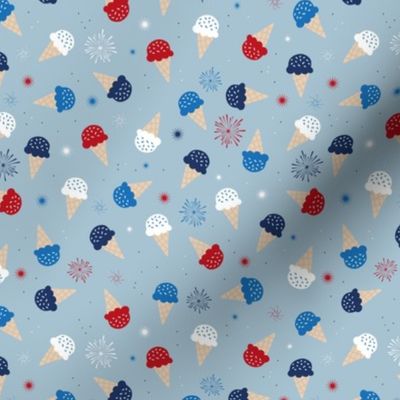 Ice-cream cones fireworks and confetti 4th of july american holiday summer design red navy on moody blue 
