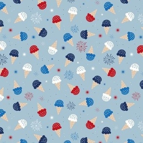 Ice-cream cones fireworks and confetti 4th of july american holiday summer design red navy on moody blue 