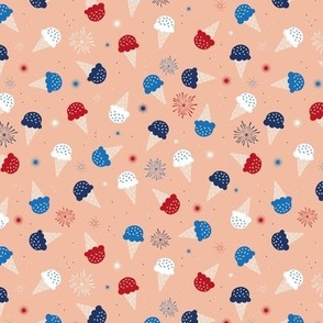 Ice-cream cones fireworks and confetti 4th of july american holiday summer design red blue navy on peach orange