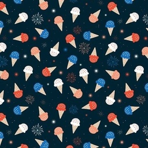 Ice-cream cones fireworks and confetti 4th of july american holiday summer design vintage red blue on navy night 