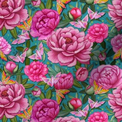 Pink and teal peony floral , created to coordinate with Spoonflower petal solids. Watercolor floral design for dressmaking and interiors. 