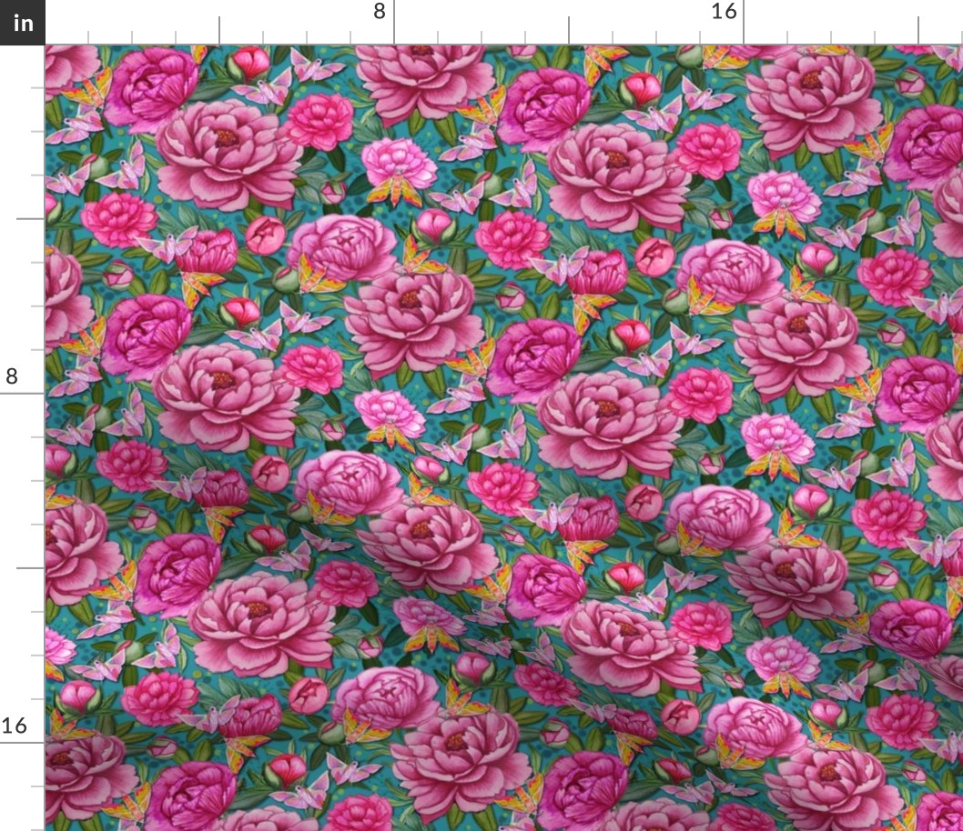 Pink and teal peony floral , created to coordinate with Spoonflower petal solids. Watercolor floral design for dressmaking and interiors. 