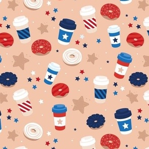 Good morning coffee to go and donuts for breakfast happy 4th of july party confetti and stars design american holiday flag colors red blue on peach orange 