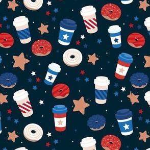 Good morning coffee to go and donuts for breakfast happy 4th of july party confetti and stars design american holiday flag colors red blue on navy blue night
