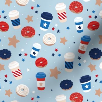 Good morning coffee to go and donuts for breakfast happy 4th of july party confetti and stars design american holiday flag colors red blue on baby blue