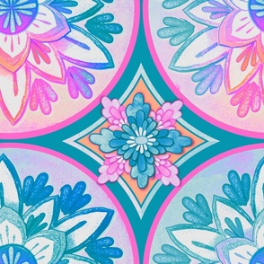 Retro floral wallpaper in a vibrant glowing Mandala pattern in pink and blue