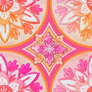 Retro floral wallpaper in a vibrant glowing Mandala pattern in orange and pink