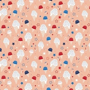 4th of July American celebration with ice-cream summer snacks stars and confetti white blue red on peach