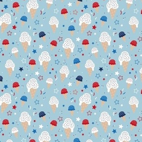 4th of July American celebration with ice-cream summer snacks stars and confetti white blue red on baby blue SMALL