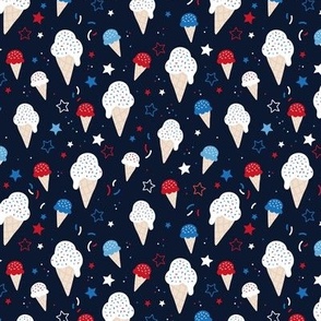 4th of July American celebration with ice-cream summer snacks stars and confetti white blue red on navy blue night SMALL