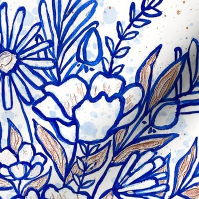 Bright Blue Floral Bouquet with splatter background, Hand painted, boho watercolor daisy and peony flowers 