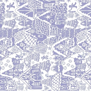 Candyland Gingerbread house Periwinkle purple toile tea towel