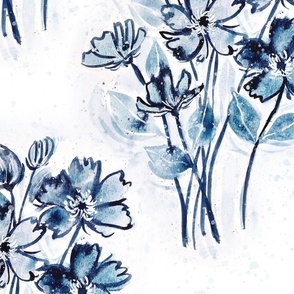 Indigo Watercolor Bouquet, Hand Painted Wildflowers with slight splatter background