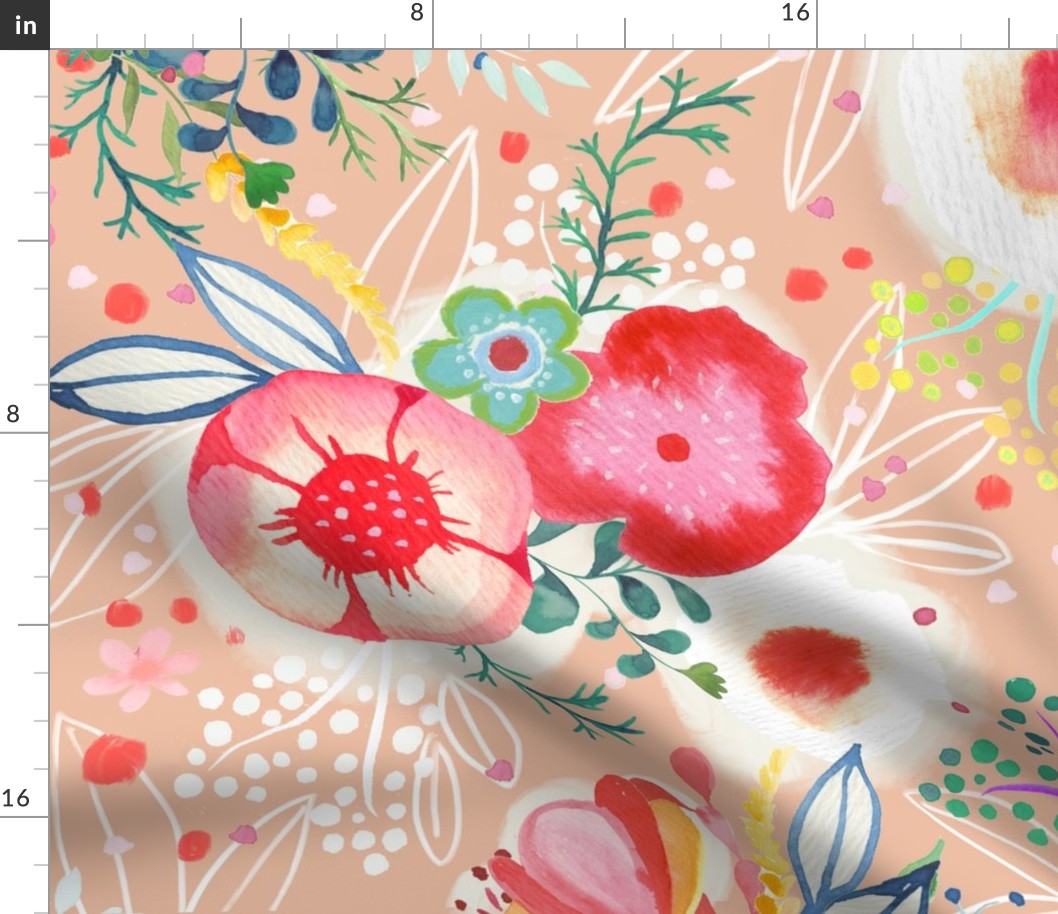 in full bloom watercolor garden // peach // large scale