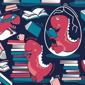 Large jumbo scale // Best hobby of all time // oxford navy blue background red t-rex dinosaur reading flesh coral red and turquoise blue books