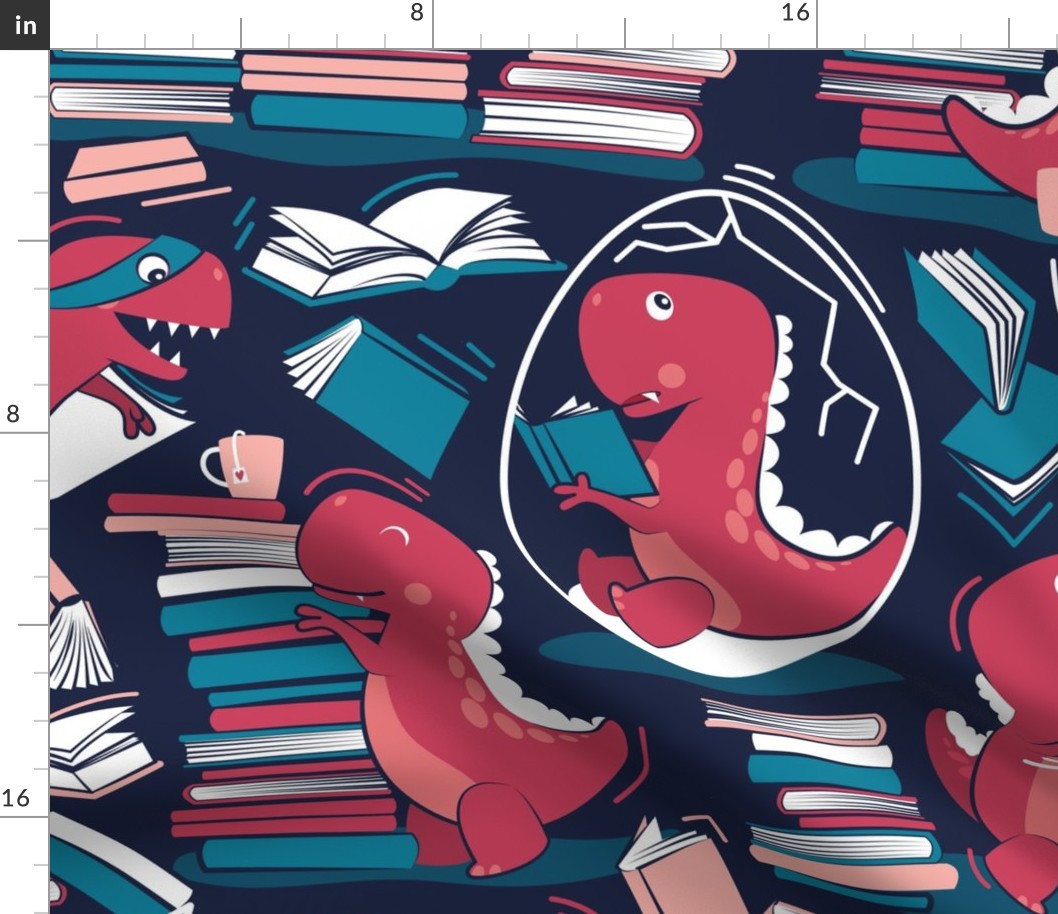 Large jumbo scale // Best hobby of all time // oxford navy blue background red t-rex dinosaur reading flesh coral red and turquoise blue books