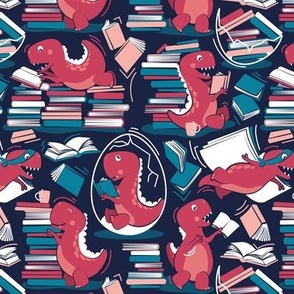 Small scale // Best hobby of all time // oxford navy blue background red t-rex dinosaur reading flesh coral red and turquoise blue books