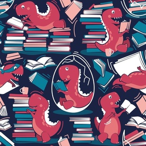 Normal scale // Best hobby of all time // oxford navy blue background red t-rex dinosaur reading flesh coral red and turquoise blue books