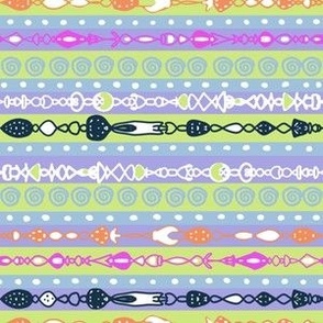 Honeydew, lilac and sky blue stripes with symmetrical line patterns 