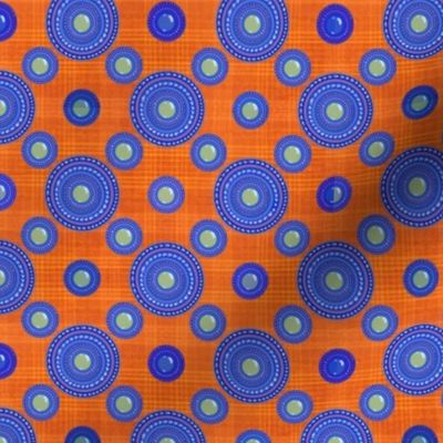 Retro Blue cabochon buttons on orange plaid slub background in geometric patterns
