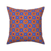 Retro Blue cabochon buttons on orange plaid slub background in geometric patterns