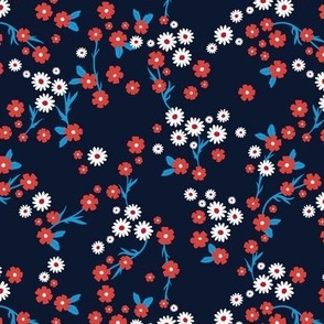 Delicate chamomile and daisy blossom sweet ditsy flowers summer vintage cherry blossom minimalist 4th of july usa theme red baby blue on navy night