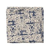 Vintage Sewing Love Navy Blue on beige