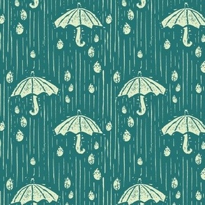 Umbrellas in the Rain - Blue Green, Rainy, Cloud, Storm, Linocut, Stamp, Sea Foam
