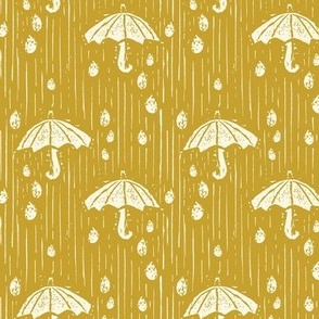 Umbrellas in the Rain - Mustard, Rainy, Cloud, Storm, Linocut, Stamp, Cream, Yellow