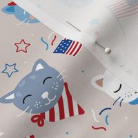 Cats celebration 4th of July - America national holiday patriot kittens pets confetti stars and American flag kids design red blue on beige 