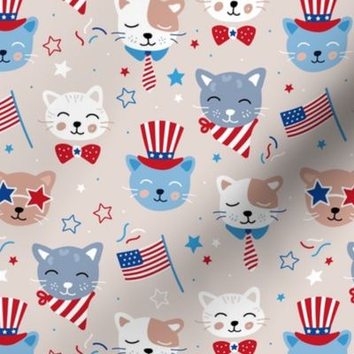 Cats celebration 4th of July - America national holiday patriot kittens pets confetti stars and American flag kids design red blue on beige 
