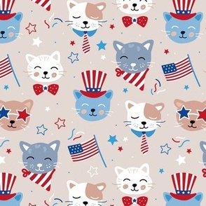 Cats celebration 4th of July - America national holiday patriot kittens pets confetti stars and American flag kids design red blue on beige 