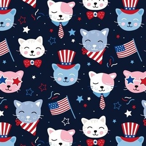 Cats celebration 4th of July - America national holiday patriot kittens pets confetti stars and American flag kids design red blue on navy blue 