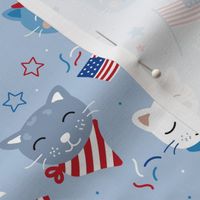Cats celebration 4th of July - America national holiday patriot kittens pets confetti stars and American flag kids design red blue on baby blue 