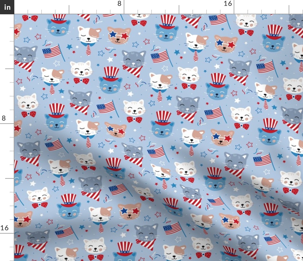 Cats celebration 4th of July - America national holiday patriot kittens pets confetti stars and American flag kids design red blue on baby blue 