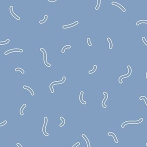 Retro swirls and sprinkles minimalist trendy pop design nineties vibes outlines white on periwinkle blue