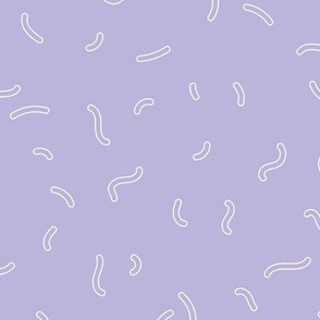 Retro swirls and sprinkles minimalist trendy pop design nineties vibes outlines white on lilac purple