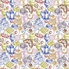 Breakfast time. Food pastel colors pattern on white