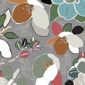 Magnolia Flowers In Black Rust White And Teal Blue On Gray Ground Medium Scale