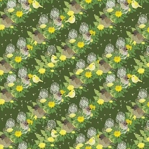 Diagonal Striped Garlands of Dandelion Florals with tiny brown and yellow Birds on Green