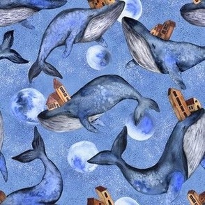 Watercolor Blue Whales with Houses and Moons - Small Scale - Celestial 