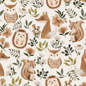 boho wild animal party - with fox owl squirrel and hedgehog - in neutral brown orchid and forest green - mid scale (2/5)