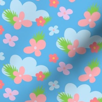Clouds and Flowers - Coral Pink and Blue