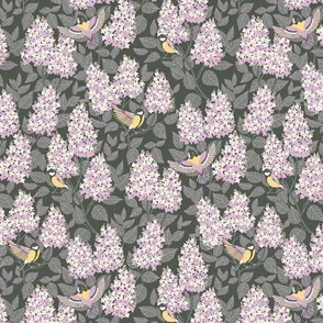 Birds among lilac blossoms - evening lilac - pink and dark green - small scale